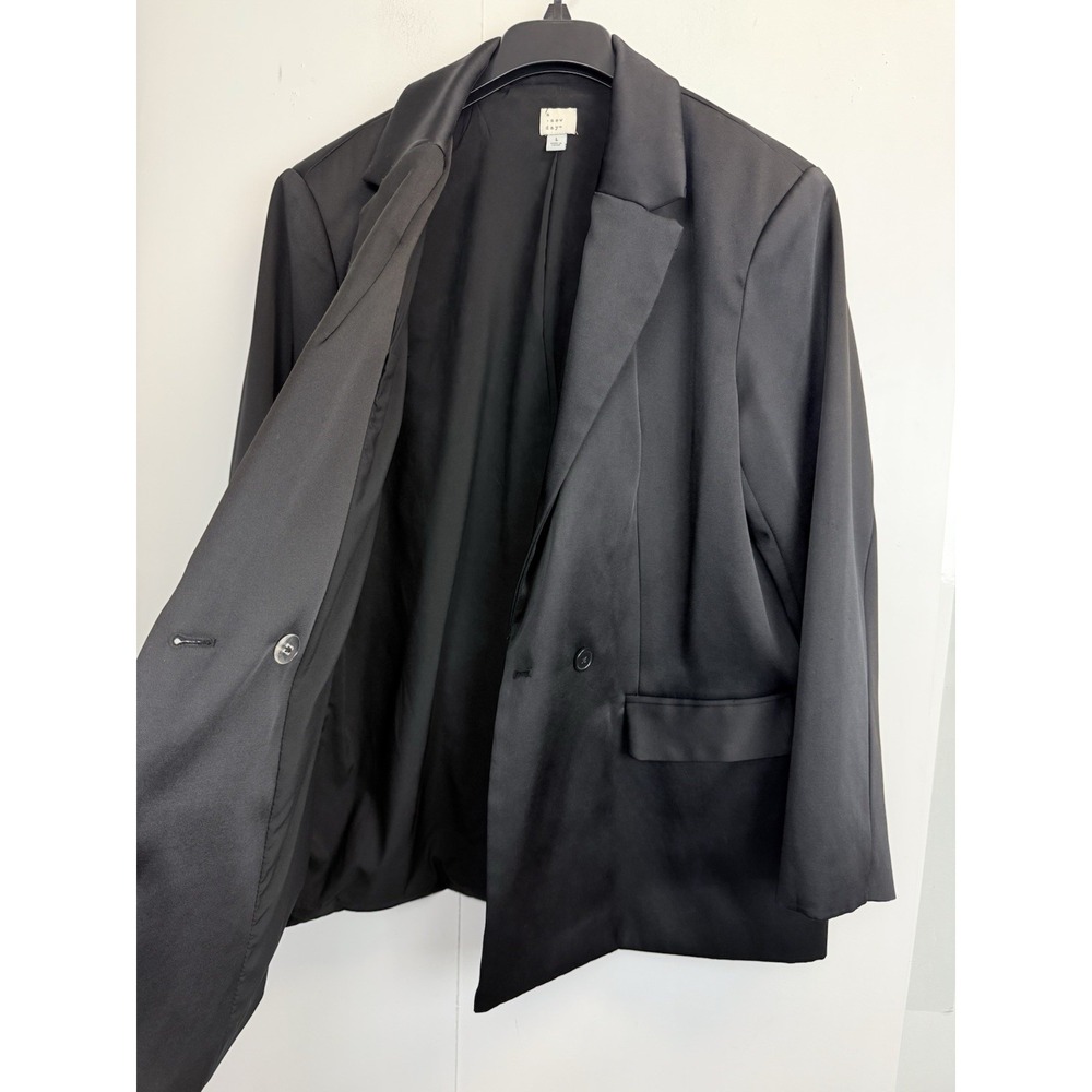A New Day Satin Black Oversized‎ Jacket Womens L Double Breasted Blazer - Picture 6 of 8